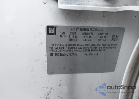 2017 Chevrolet Impala 1Lt из США, поврежденный, VIN 1G1105SA9HU177442